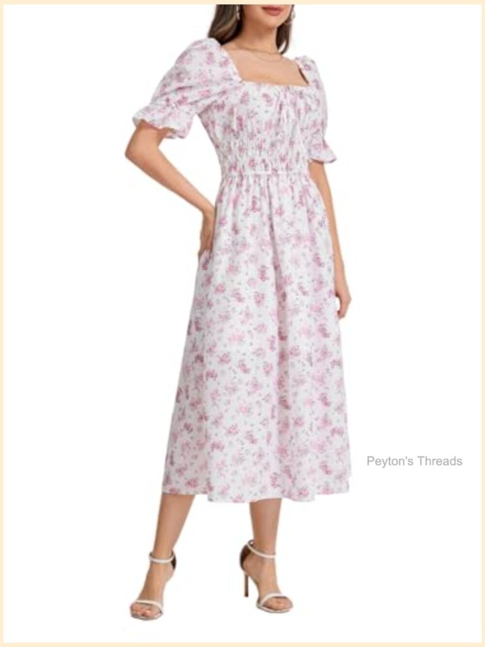 Floral Maxi Dress Puff Sleeve Square Neck Smocked Waist A-Line - Picture 2 of 6
